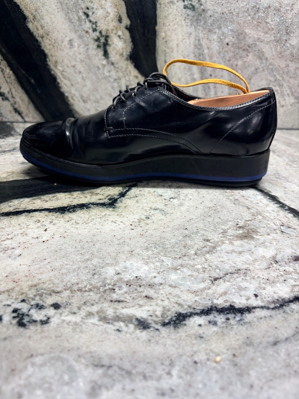 Prada Black Leather Derby Shoes Blue Rubber Sole Women’s EU 37 US 7 Italy - Picture 8 of 11